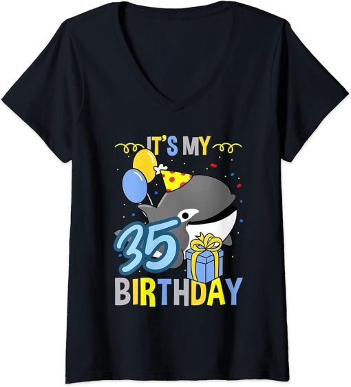 Womens Its My 35th Birthday Orca Whale V-Neck T-Shirt