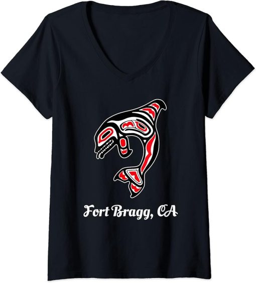 Womens Native American Fort Bragg CA Red Orca Killer Whale V-Neck T-Shirt