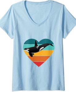 Womens Orca Vintage Retro Art, Killer Whale Ocean Favorite Animal V-Neck T-Shirt