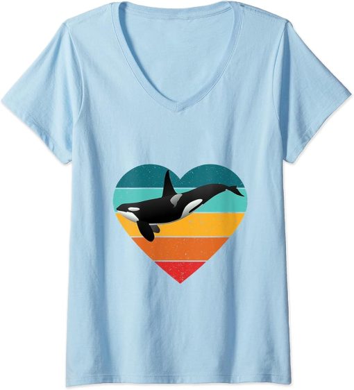 Womens Orca Vintage Retro Art, Killer Whale Ocean Favorite Animal V-Neck T-Shirt