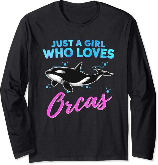 Just A Girl Who Loves Orcas Watercolor Orca Whale Art Long Sleeve T-Shirt